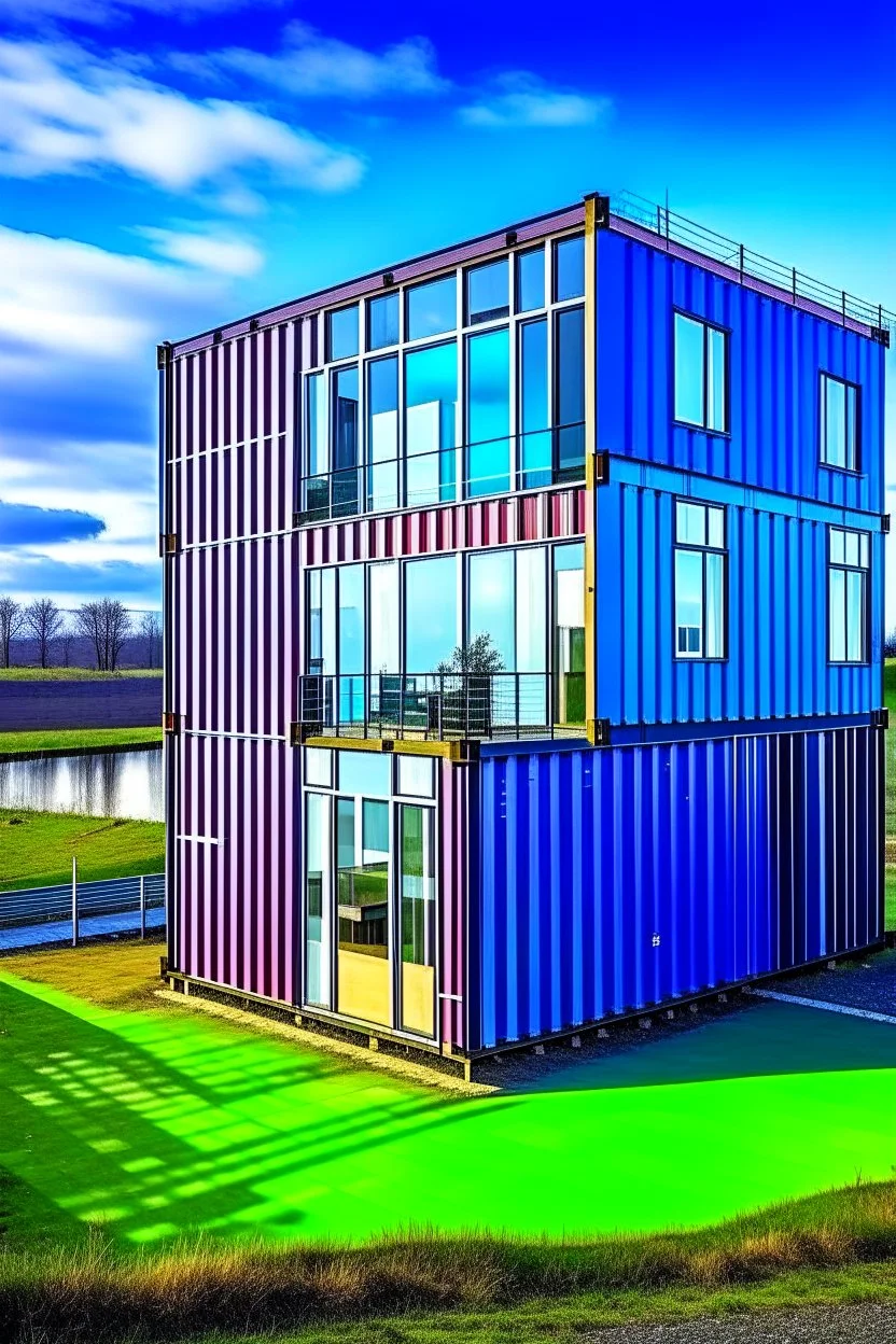 A three story house built from shipping containers, in the country