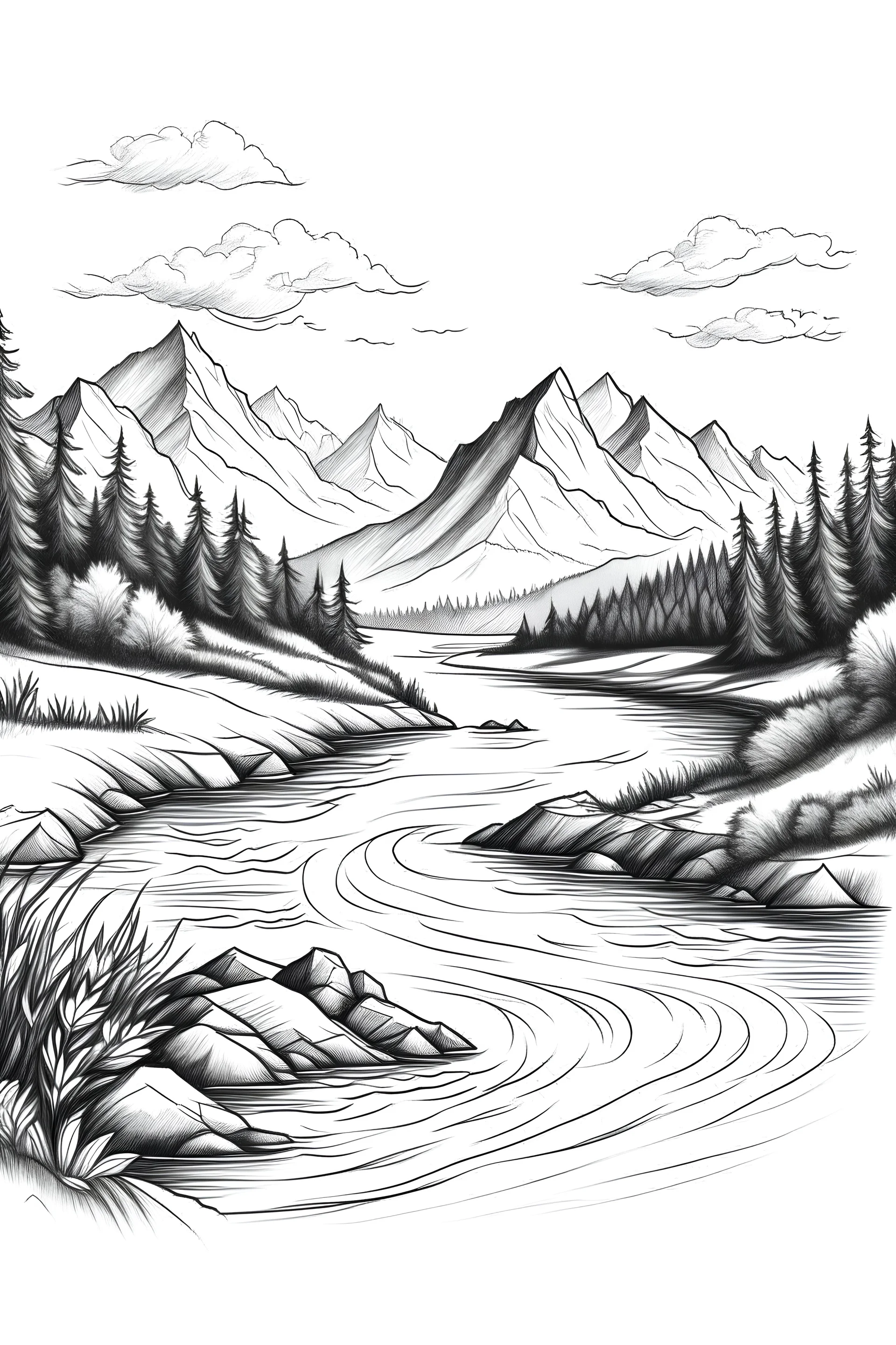Draw river with mountain