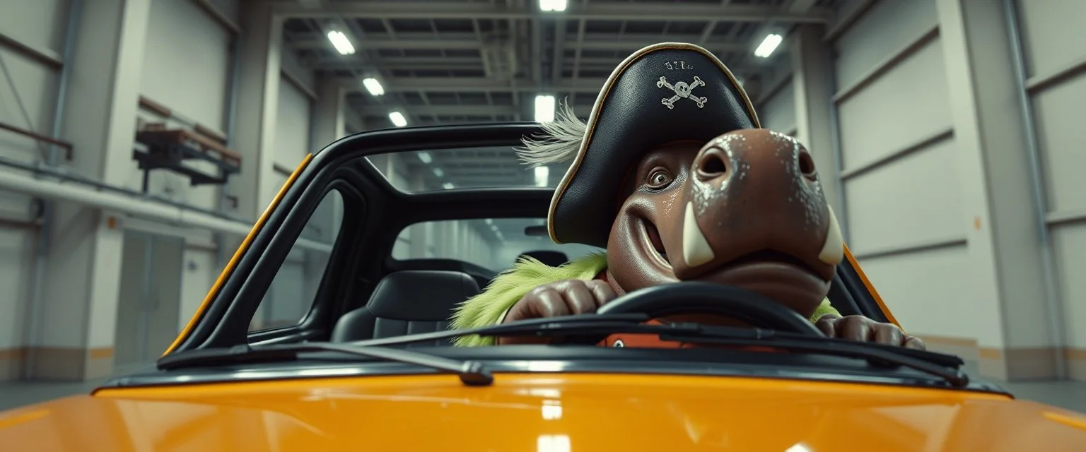 car driving happy 2d fluffy pirate parrot troll hippo in the style of Escher and Giger and Fallout 4, pinhole cam, airbrush 3d rendering, on tv screen:A five-second cinematic single take in a clean industrial presentation hall.