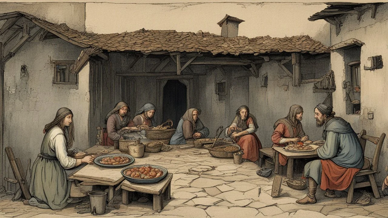 The fisherman is having dinner and a fish meal inside his poor house with his wife and three daughters in the Middle Ages, only four people