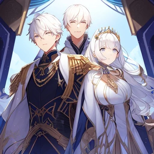 Twins, boy and girl, white hair, silver eyes, royal hall background