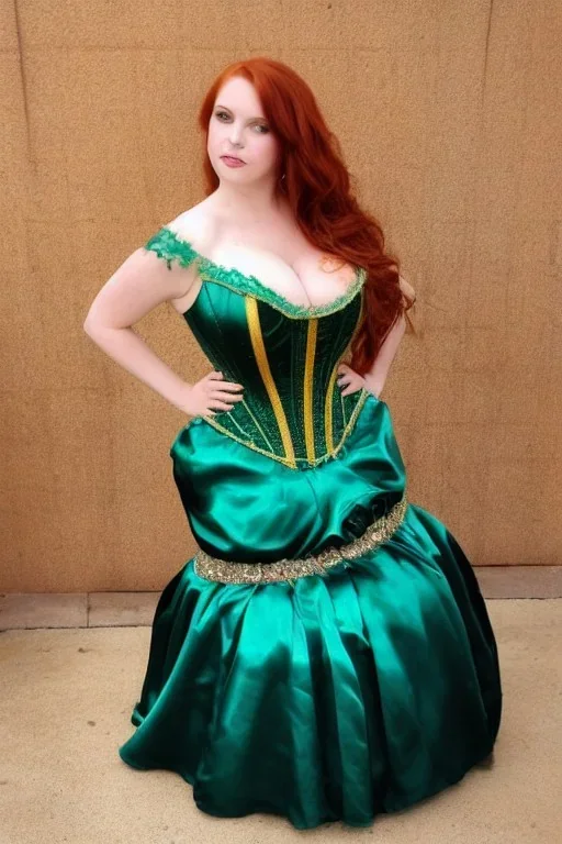 Busty princess with long auburn hair green eyes wearing a big dark teal green and gold satin ballgown corset off shoulder top casting magic