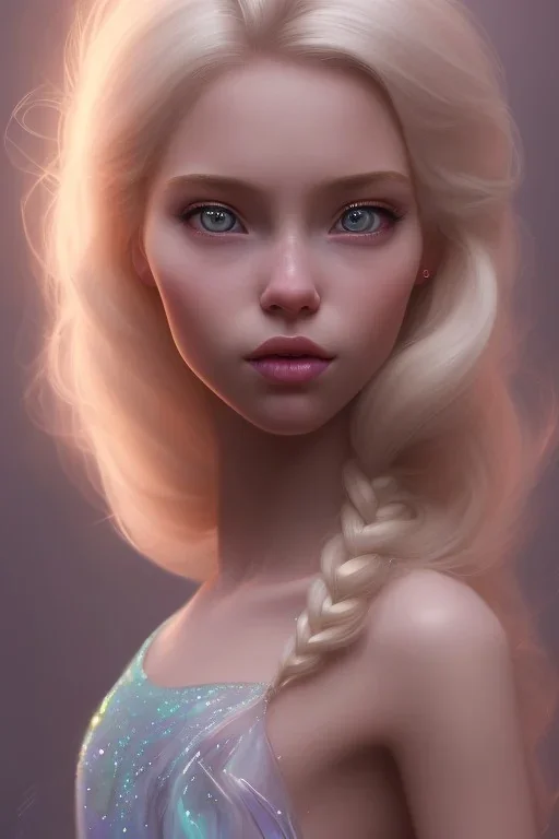 20 year old girl, cute, beautiful, blonde hair, Elsa hair, blue eyes, big eyes, pale skin, blue dress, ice dress, long eyelashes, pink lipstick, thin lips, small nose, 8k resolution concept art portrait by Greg Rutkowski