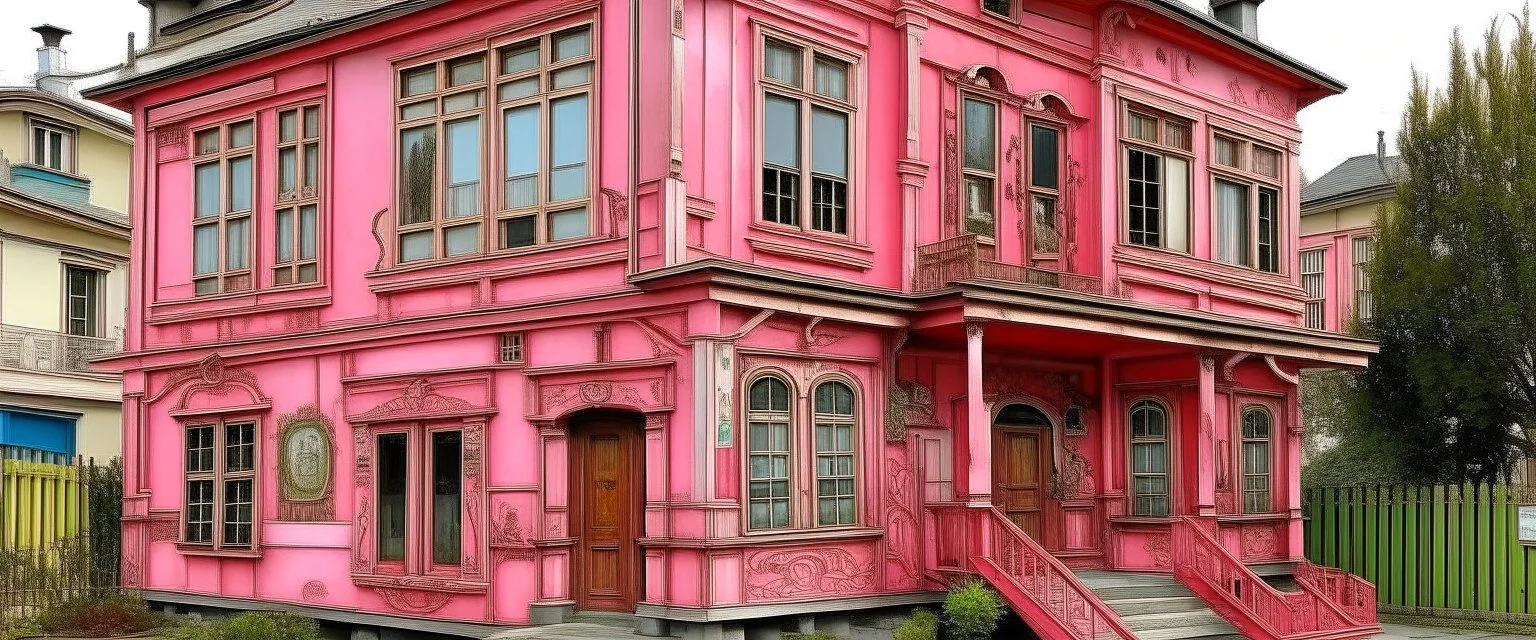 A rose pink mechanical house painted by Vincent van Gogh