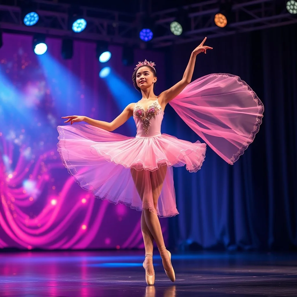 create of a beautiful balerina in pretty clothing in a modern cifi stage in her performance cinamatic lights .