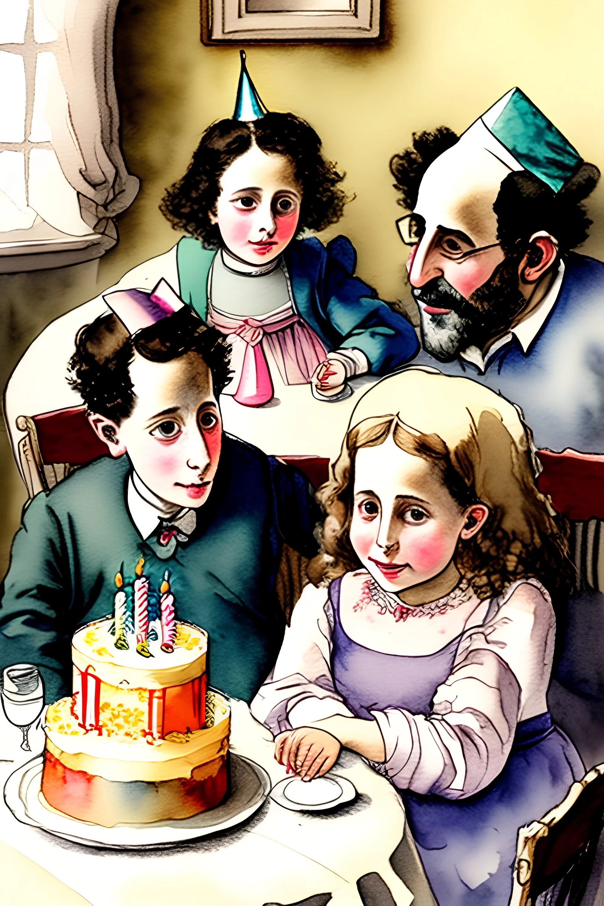 Jewish family is sitting at a table with a birthday cake. Watercolour