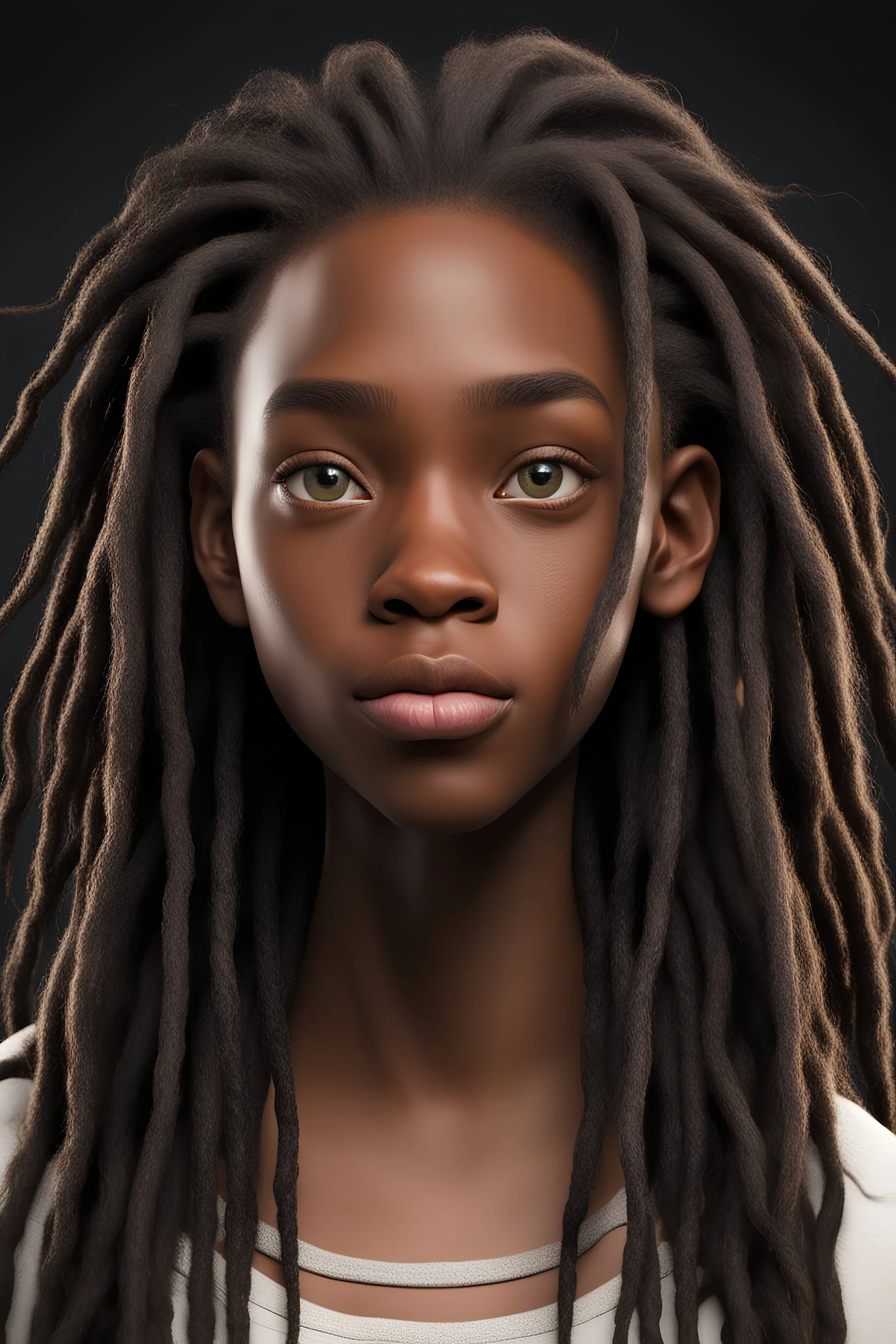 realistic black woman, eighteen years old, round face, rounded face, soft face, cunning eyes, long dreadlocked hair, dark skin