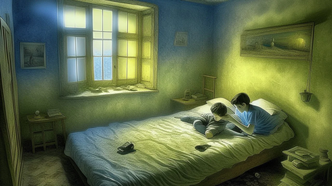 Surreal corner view of a room. In the corner, there is a bed and a window on the right wall. The walls are painted as if it were a cloudy sky. The floor is grass, daisies, and thistles. There is a small lamp on a bedside table. The ceiling is neutral and dark.