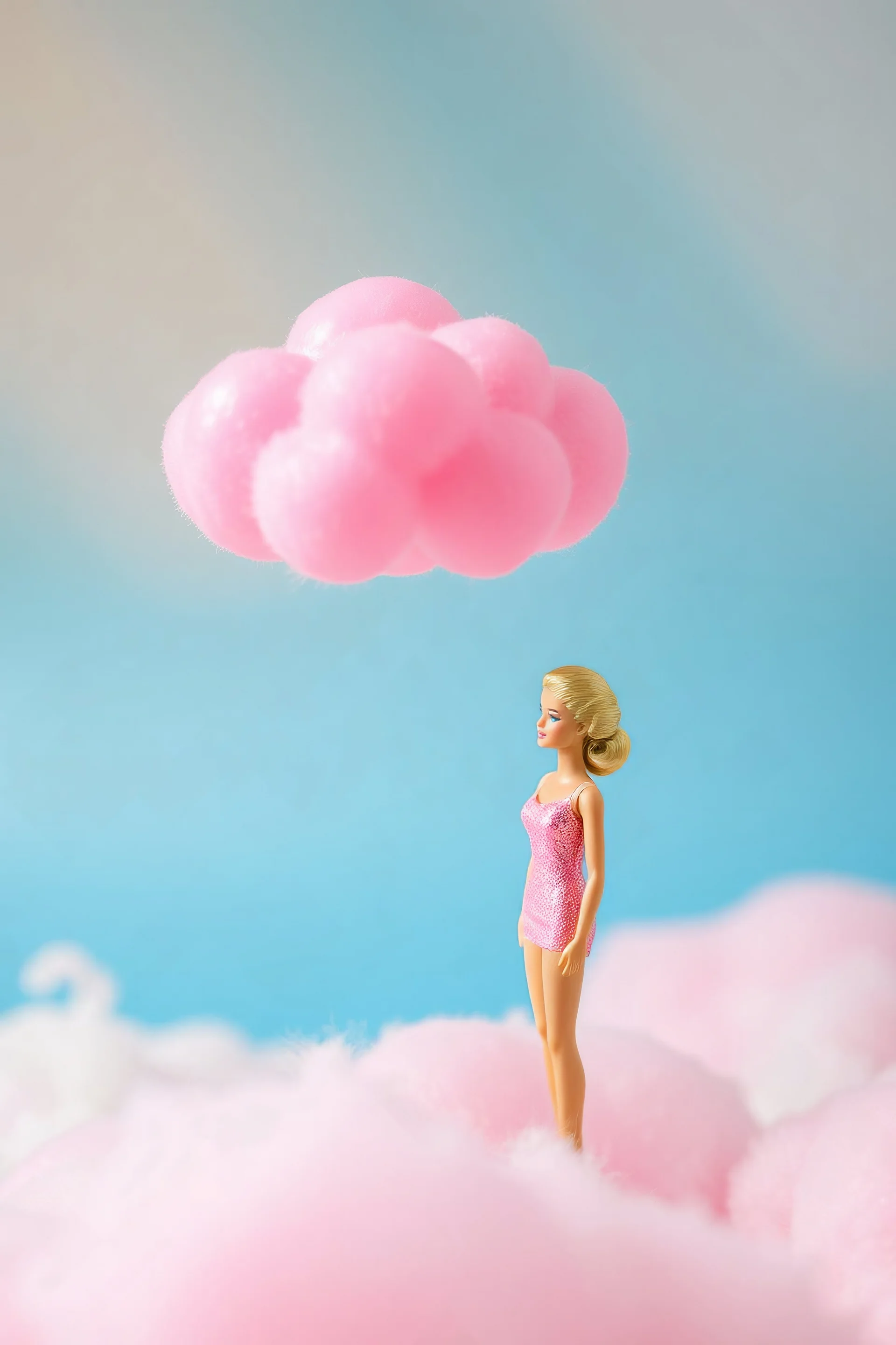 A plastic pink cloud floating in the vintage barbie doll