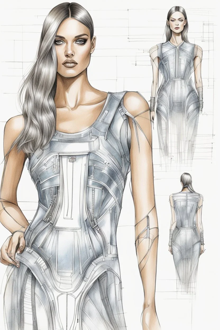 fashion illustration, draw sketches, overall from silver threads, microchip fashion, dress of the future, sci-fi dress