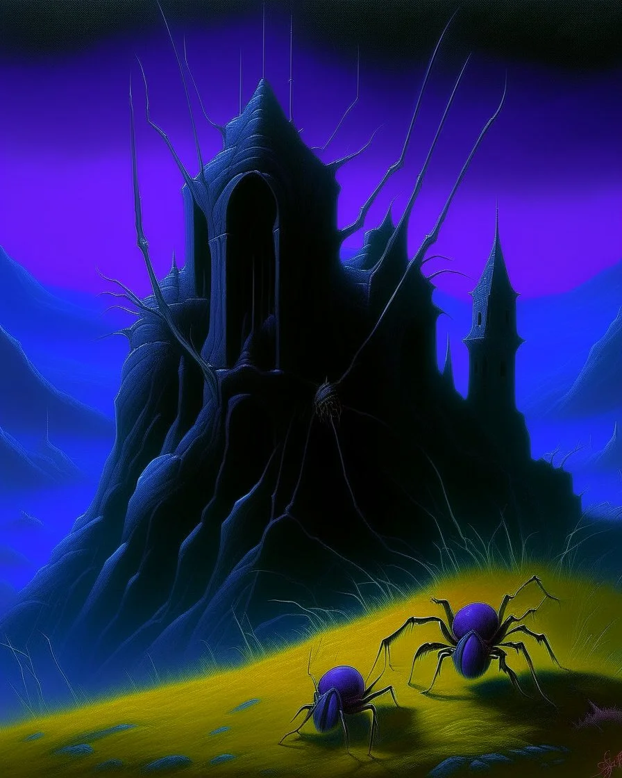 A neon purple citadel with spiders painted by Caspar David Friedrich