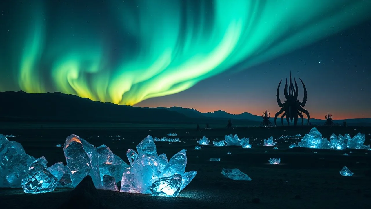 A stunning aurora borealis stretching across a dark, alien desert, with massive crystal formations glowing in the foreground and strange, towering creatures in the distance. Photographic quality and detail, award-winning image, beautiful composition.