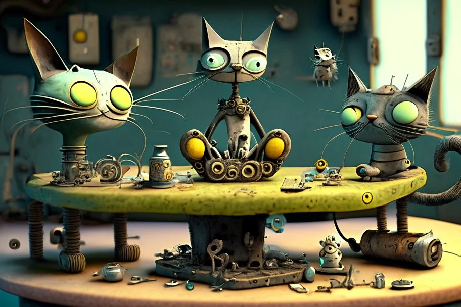 Happy cats sitting on a table :: industrial robotic cats, characters from machinarium pictoplasma, assemblage of naive art and les automatistes, by Alexander Jansson and Leo Lionni, a storybook illustration of a surrealist cat sculptures, cgsociety and behance contest winner