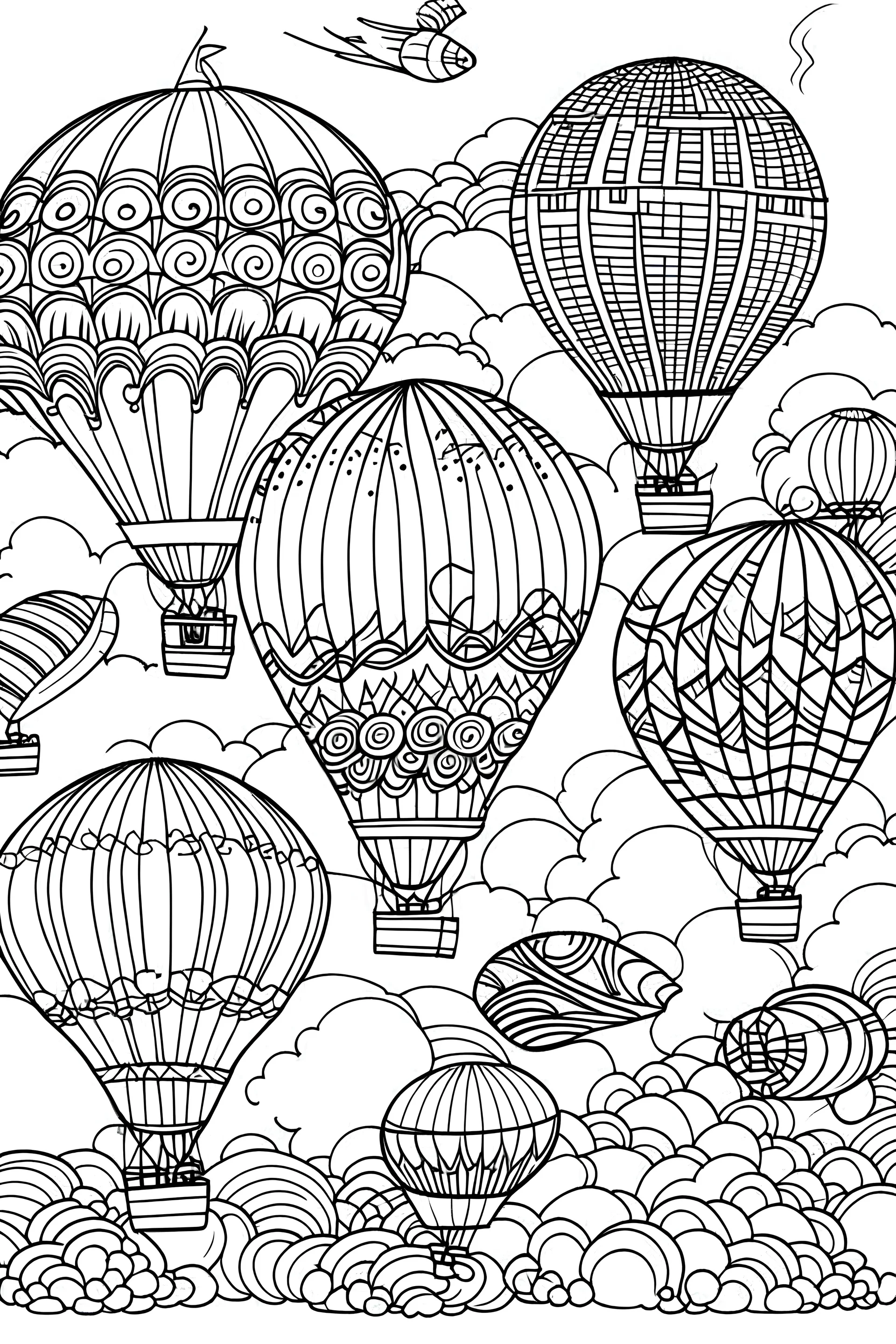 coloring book page, Color hot air balloons floating gracefully in the sky alongside colorful stunt planes performing daring loops and twists ink drawing clipart, simple line illustrations, black and white
