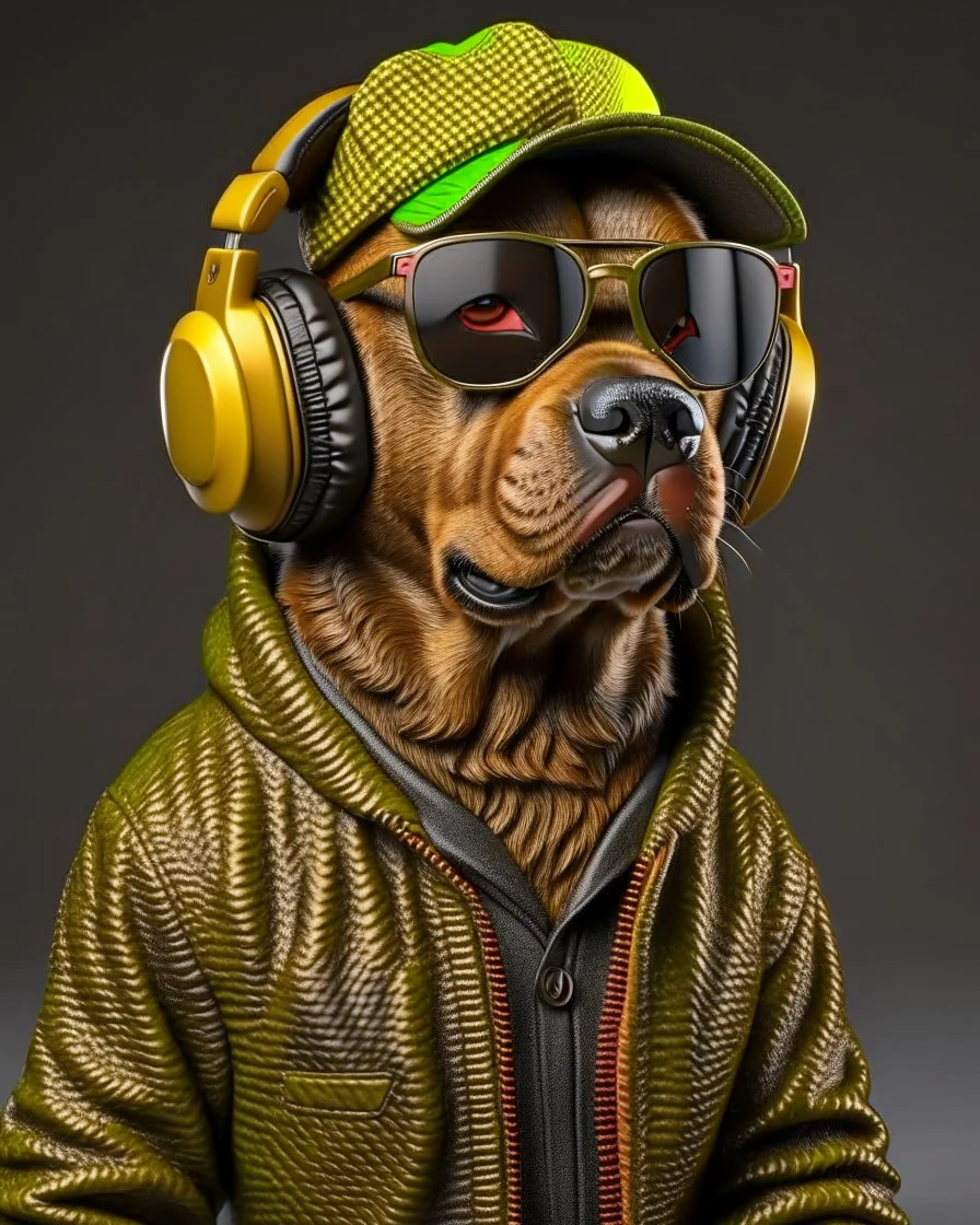 Perro Pastor Alemán with jacket, cap, dark glasses and headphones, ultra quality, hyper realistic, 3k 8D