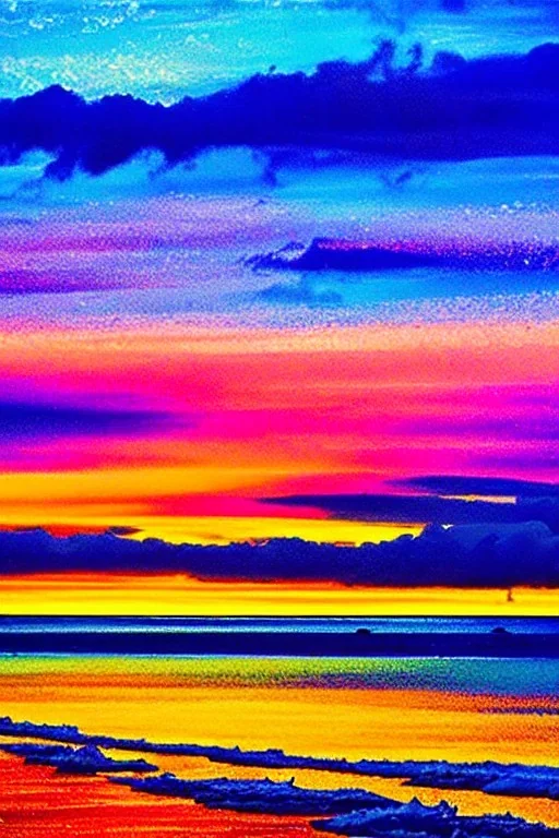 Brilliant sunset at a snow covered icy Waikiki Beach in Honolulu Hawaii covered in winter snow and ice at sunset, alcohol inks, dazzling wet bright colors, neo-impressionism expressionist colors