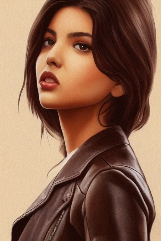 pristine full face portrait of beautiful natural isabela moner, au naturel, sexy, smirking, intricate, elegant, detailed light brown eyes, leather jacket, digital painting, artstation, concept art, smooth, sharp focus, illustration, pivot on face, art by omar ortiz