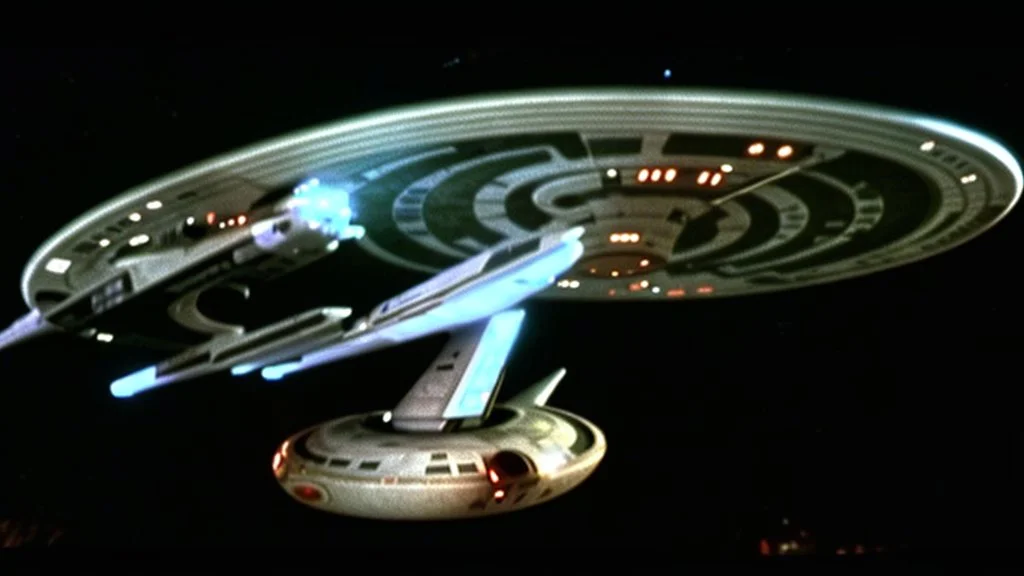 a screen capture from a star trek movie of a battle-damaged starship enterprise IN the year 2380 IS IN A BATTLE with monster ufos sci-fi meticulous, highly-polished, photorealistic, studio production, intricately detailed, GALACTIC, directed by gene Roddenberry,