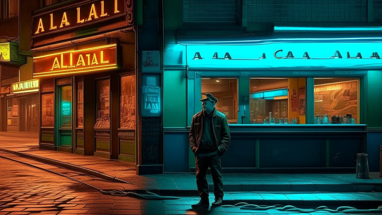 In the heart of an empty, dreamlike cityscape, a lone man stands before a shuttered bar with a flickering neon sign that reads “Last Call”—though the letters melt like candle wax into the pavement. His mouth is open in a silent scream, stretched impossibly wide, as if trying to release something too large for sound. The streetlights bend unnaturally toward him, casting elongated, unnatural shadows. Surrealism
