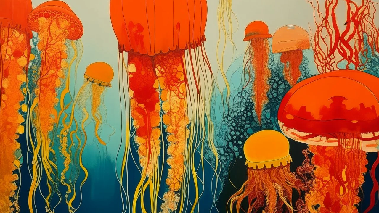 An orange colored underwater reef with jellyfish painted by Piet Mondrian