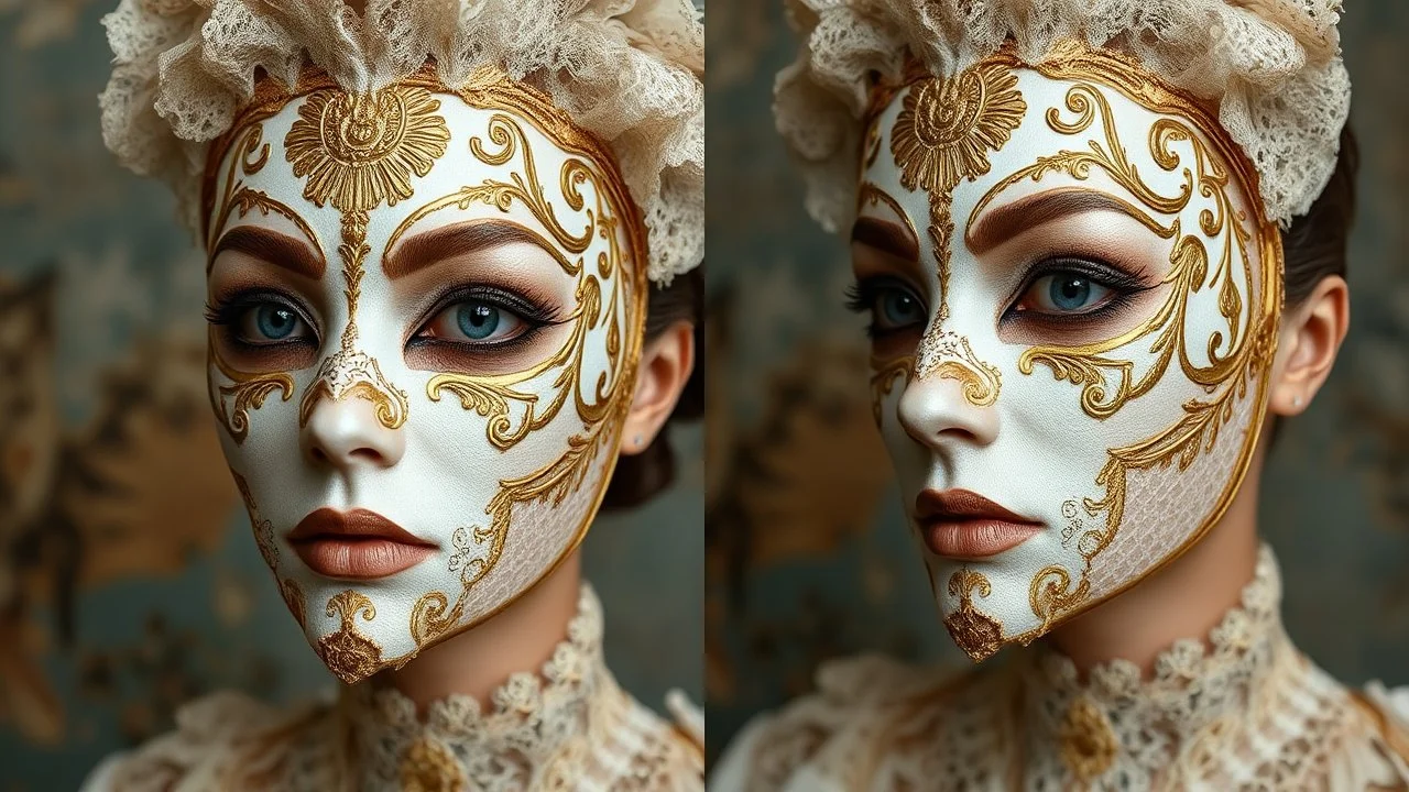 Maquillaje de máscara veneciana orgánica, donde la máscara no es un accesorio sino que está pintada y esculpida sobre la piel con encaje real embebido en maquillaje y detalles de pan de oro.