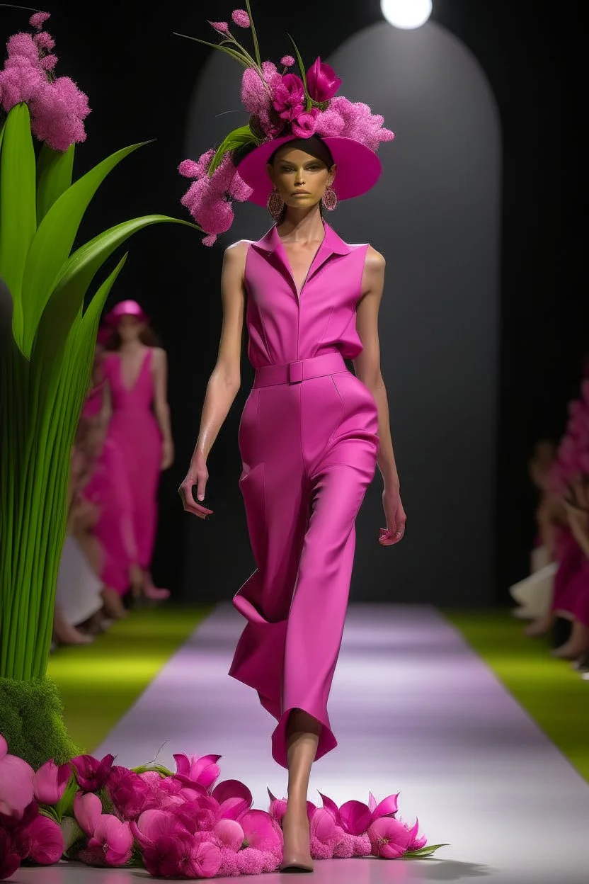 Model in runway with pink orchids like principal elements and element that recall olives trees and palm