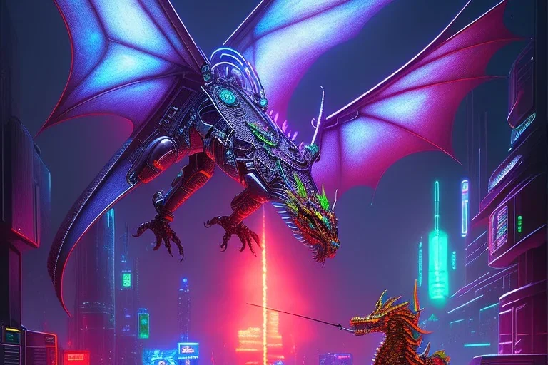 cyberpunk dragon, cyberpunk, full body, realistic, intricately detailed, neon lighting, vivid colors, neon, futuristic, meticulously detailed