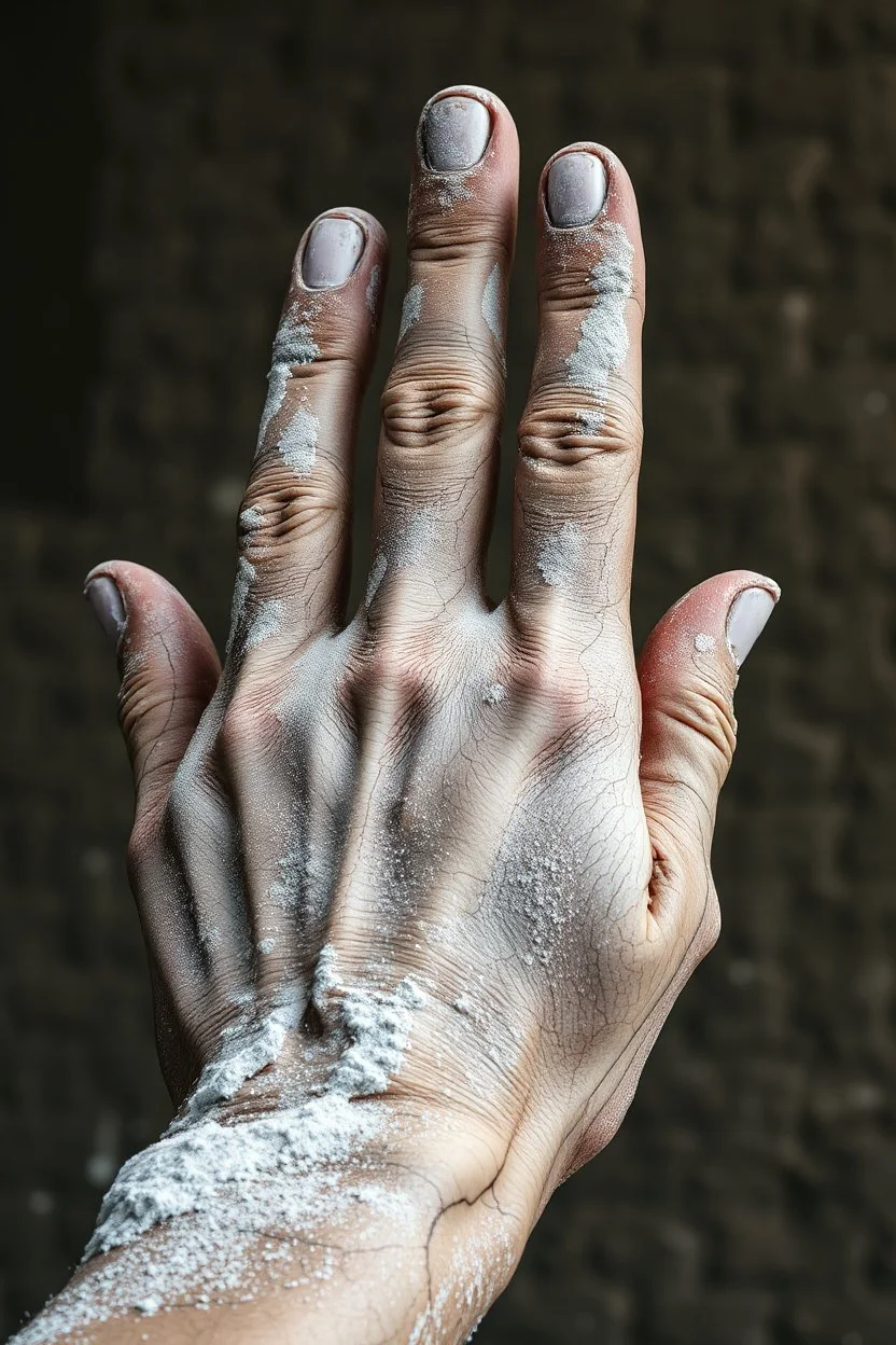 A big hand of a giant human textured with white powder and muddy skin with cracks and corrosion