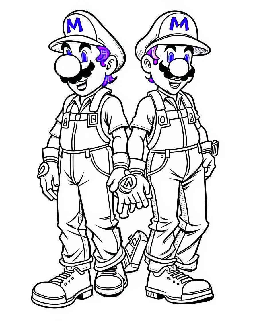 Waluigi and mario coloring page, full body (((((white background))))), only use an outline., real style, line art, white color, clean line art, white background, Sketch style