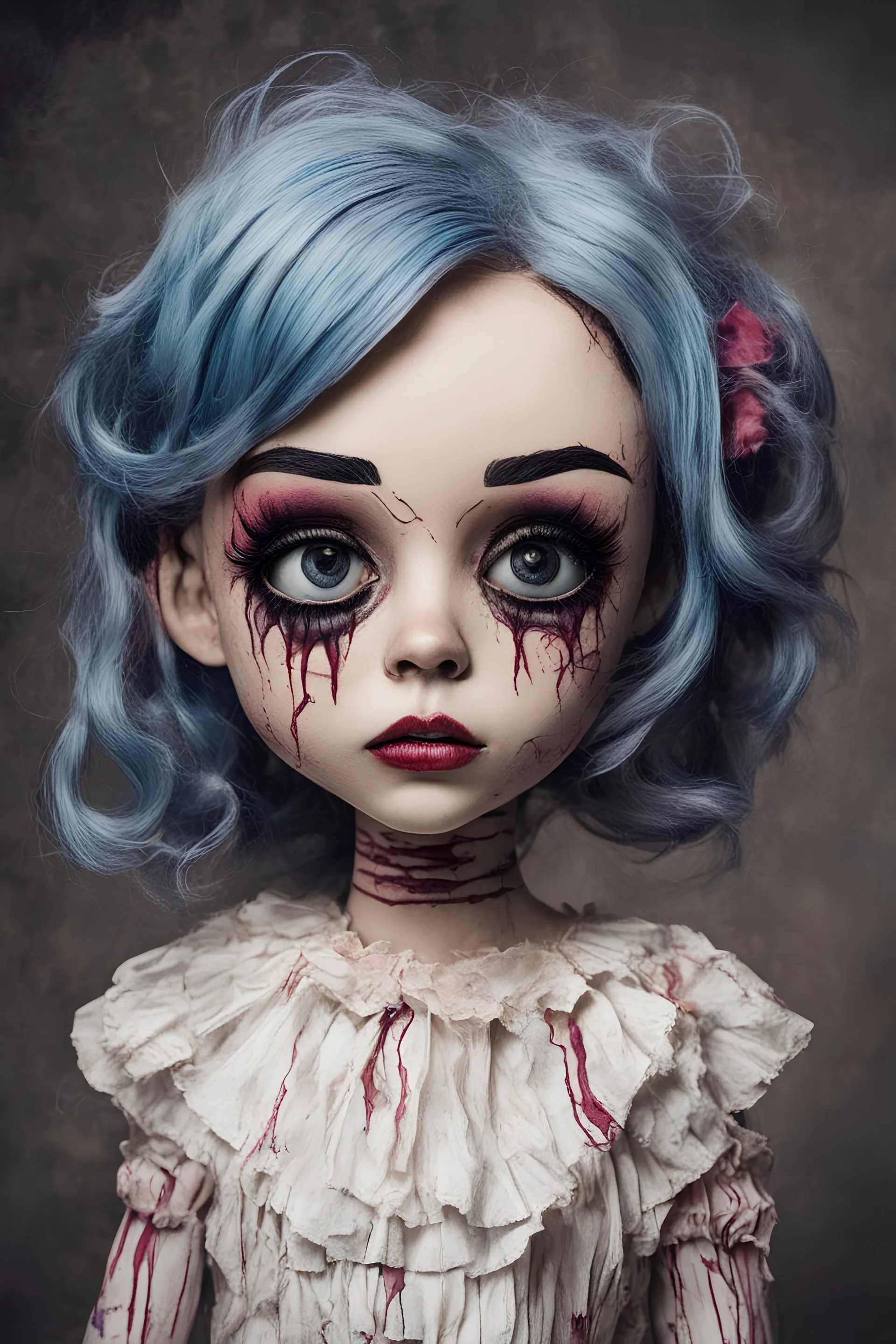 full color, illustration of a dark, menacing, monster girl Singer Melanie Martinez , as a decayed, broken, crude homemade cloth doll toy, with a narrow cracked porcelain face, thick dark eyebrows, hair made from ragged strips of cloth, in the style of Alex Pardee, Tim Burton, and Nadya Sheremet