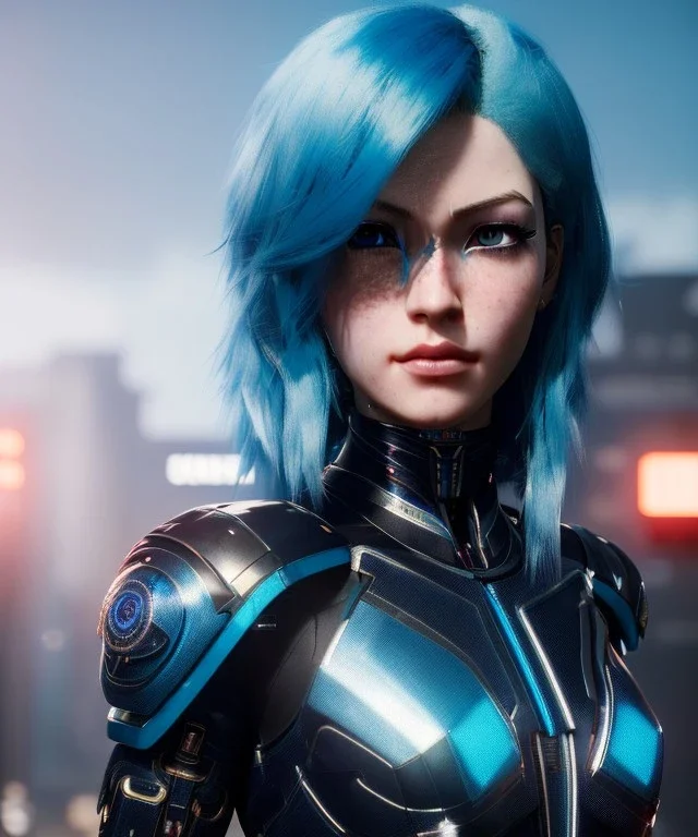 Cyborg anime warrior, light blue hair, blue eyes, waist up portrait, 8k resolution, intricate details, ornate details, soft lighting, vibrant colors, retroanime, masterpiece, intricate eyeliner, dark eyeshadow, eyes, intricate tattoos, futuristic cityscape background