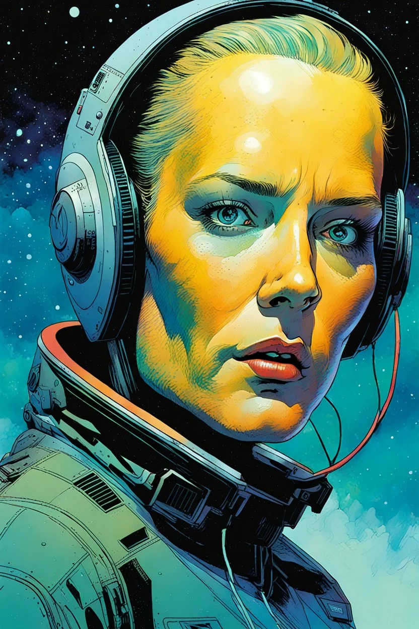 create an imaginative amorphous female extraterrestrial cybernetic time traveler with finely detailed facial features, military cut hair, at the helm of an interstellar jumpship , in the comic book art style of Bill Sienkiewicz, Mike Mignola, and Jean Giraud Moebius, finely textured, drawn, colored, and inked