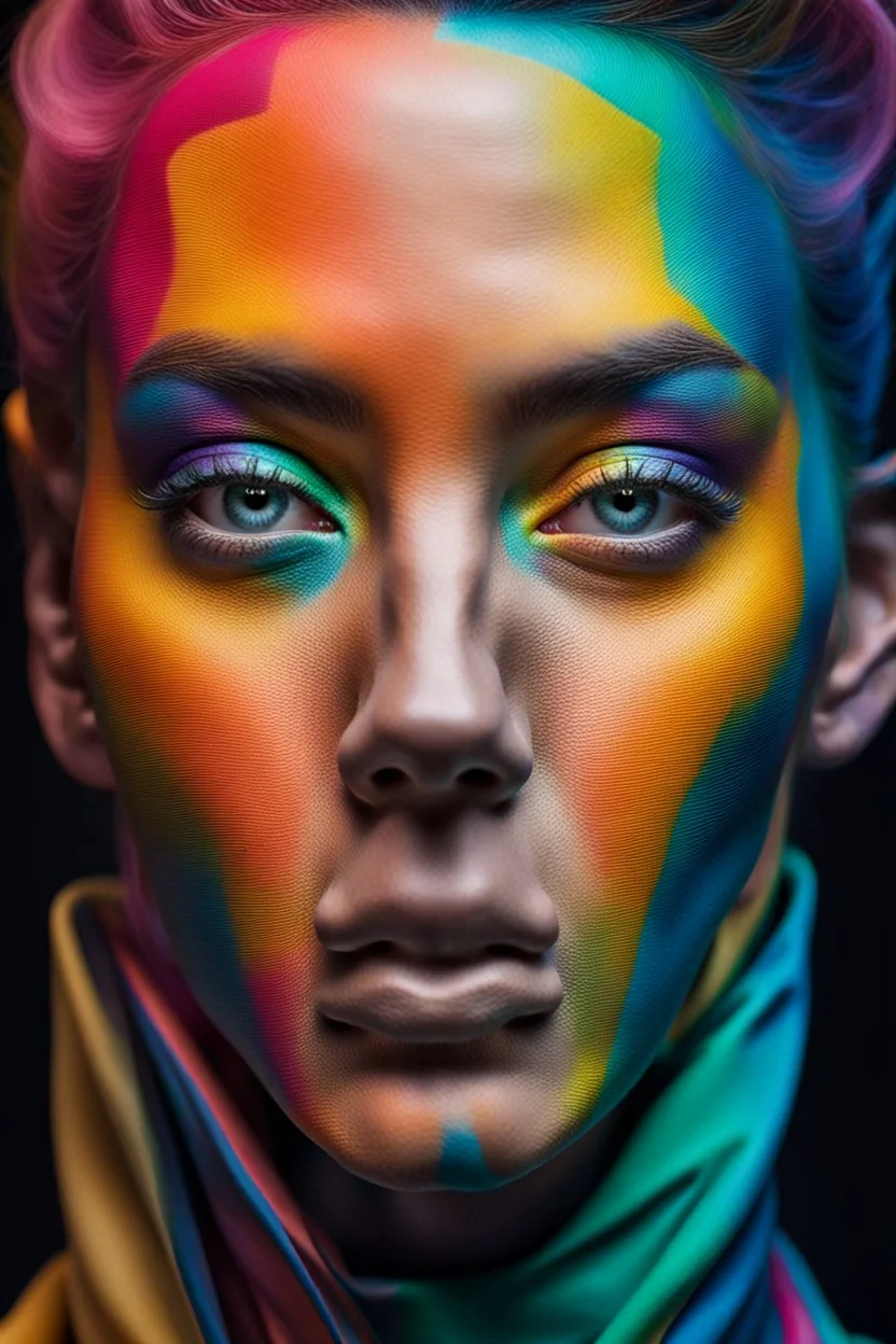 A close-up full-face portrait with hard edges and a variety of sharply contrasting colors.