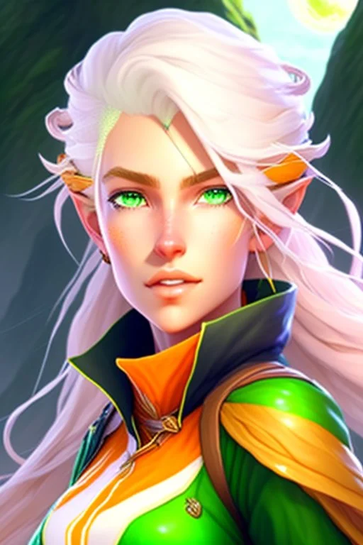 fantasy setting, woman ranger traveler with orange and white hair, pastel green eyes, kind, soft facial traits