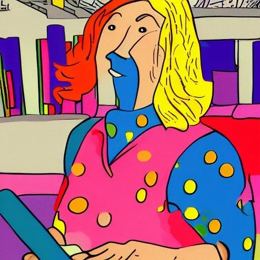 A colorful cartoon woman at work