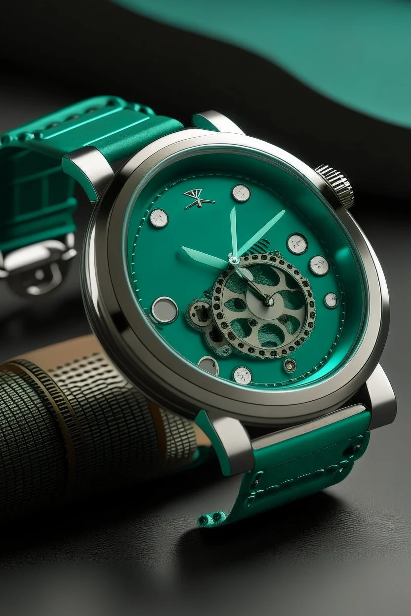 Design an image where a vintage turquoise watch band seamlessly integrates with the mechanisms of a mid-journey-inspired timepiece from stable.cog. Capture the interplay between vintage aesthetics and modern functionality."