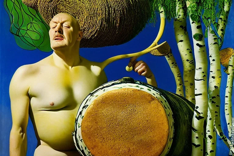 Portrait of a Karelian Sage. Indigenous, Kekripukki, carries drum made of birch-park, caucasian man, Salvador Dali's style, surreal, surrealistic, body painting, Merged-to-his-belly