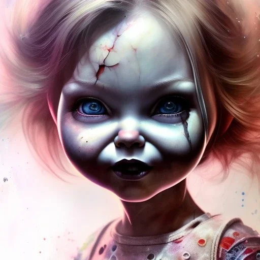 photorealistic chucky, childs play, watercolor illustration by <agnes cecile> <Yoji Shinkawa>, natural tones, ornate and intricate detail , soft smooth lighting, soft pastel colors,