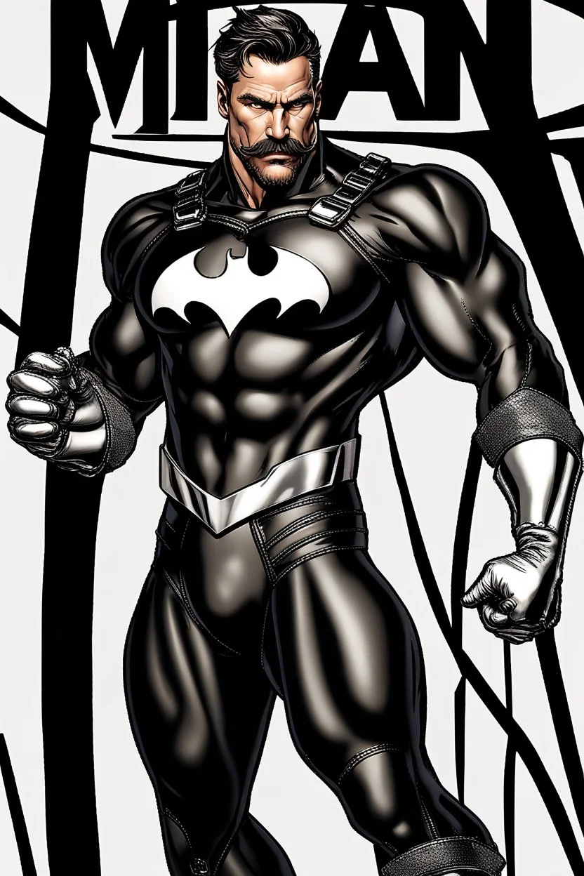 an extremely muscular superhero man wearing a black, skintight, formfitting cowl, a black, skintight, formfitting, Kevlar bodysuit, Silver Wrist Gauntlets, Silver Belt, Silver knee-high boots, black gloves, silver "M" logo on the chest, a mustache and goatee, black gloves, 32k UHD, Hyper Realistic, Photorealistic, realistic, life-like, real life, extremely detailed, extremely sharp, extremely vibrant, extremely colorful, Full color, professional quality, in the art style of Boris Vallejo