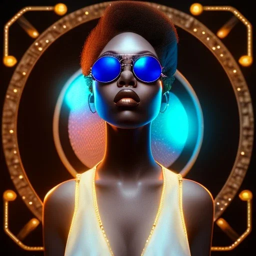 a black woman with blue crystal shiny sunglases on the dancefloor, steam punk, realistic, made in octane, cinematic, ultra-realistic, extremely detailed octane rendering, 8K, VRAY Super Real ar 2:3, dof photorealistic futuristic 50mm lens hard lighting dark gray tintype photograph, realistic lighting