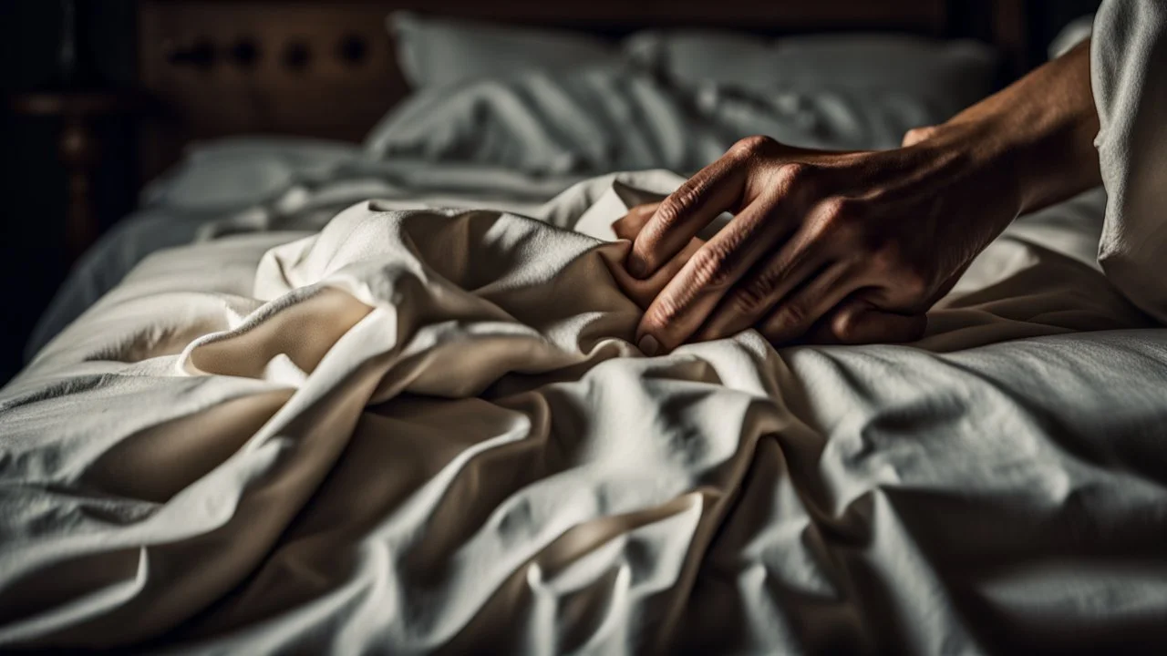 close-up photo of a thin female hand holding a crumpled old linen sheet close to her on the bed, old, village setting, low light, dramatic mood, high detailed, sharp focus, high realistic, thriller, perfect photo