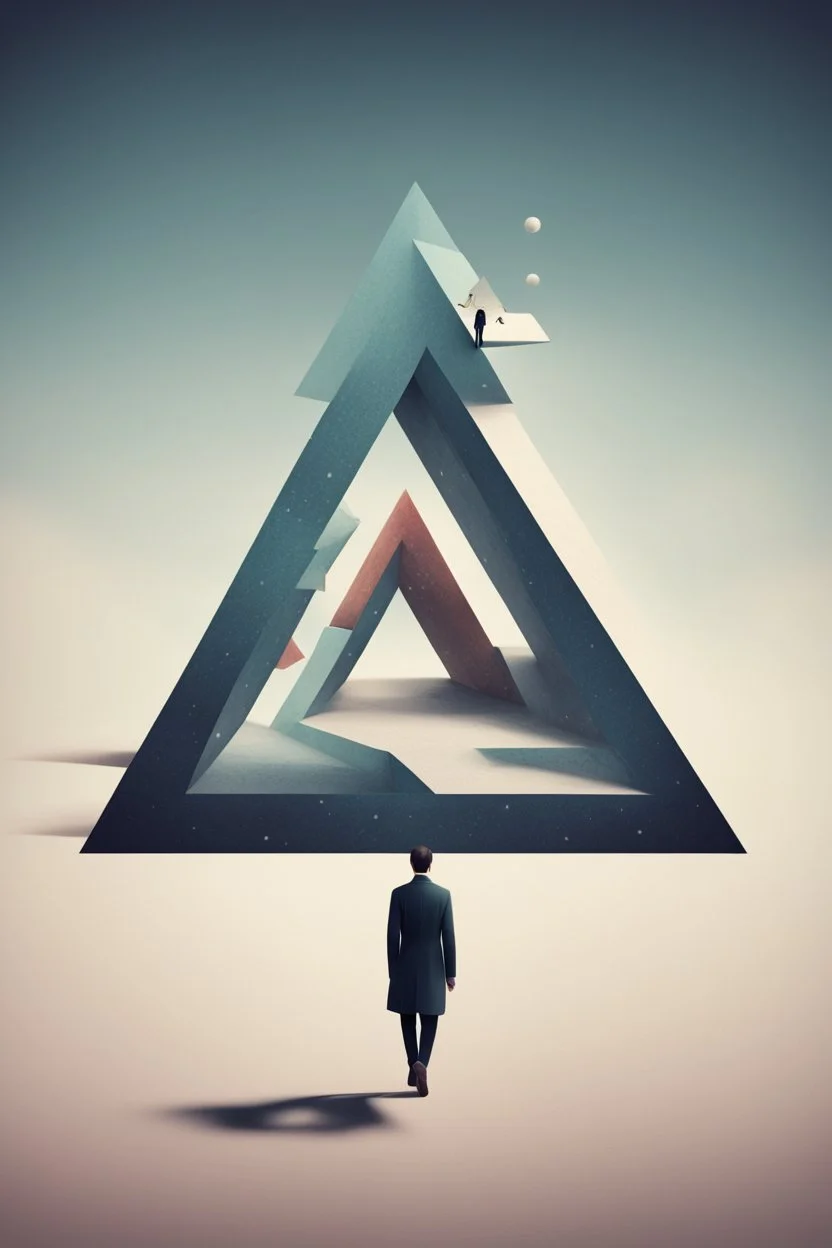 Illustration of man walking on Penrose triangle, surreal concept