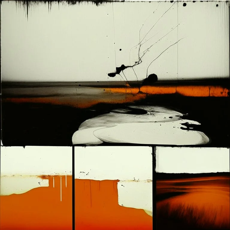 Melancholy Minimal abstract flat landscape painting. Rough brushstrokes and dripping paint. A single orange colour highlight with complimentary background colours. Use rule of thirds. Place the Horizon line at the top. Style of Justin Mortimer.Abstract empty landscape painting. Dripping paint. Rough. Minimal. Style of Justin Mortimer.