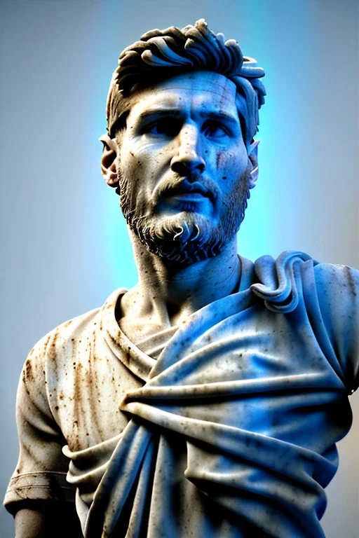 Ultra Realistic image, roman sculpture, deluxe white marble material, Lionel Messi, Laurel wreath, Renaissance style, miguel angel David style, chisel style, emperor, waist up portrait, epic, celestial, cinematic lighting, God light, god rays, 4k resolution, smooth details, ornate details, unreal engine 5, blue vibrant background.