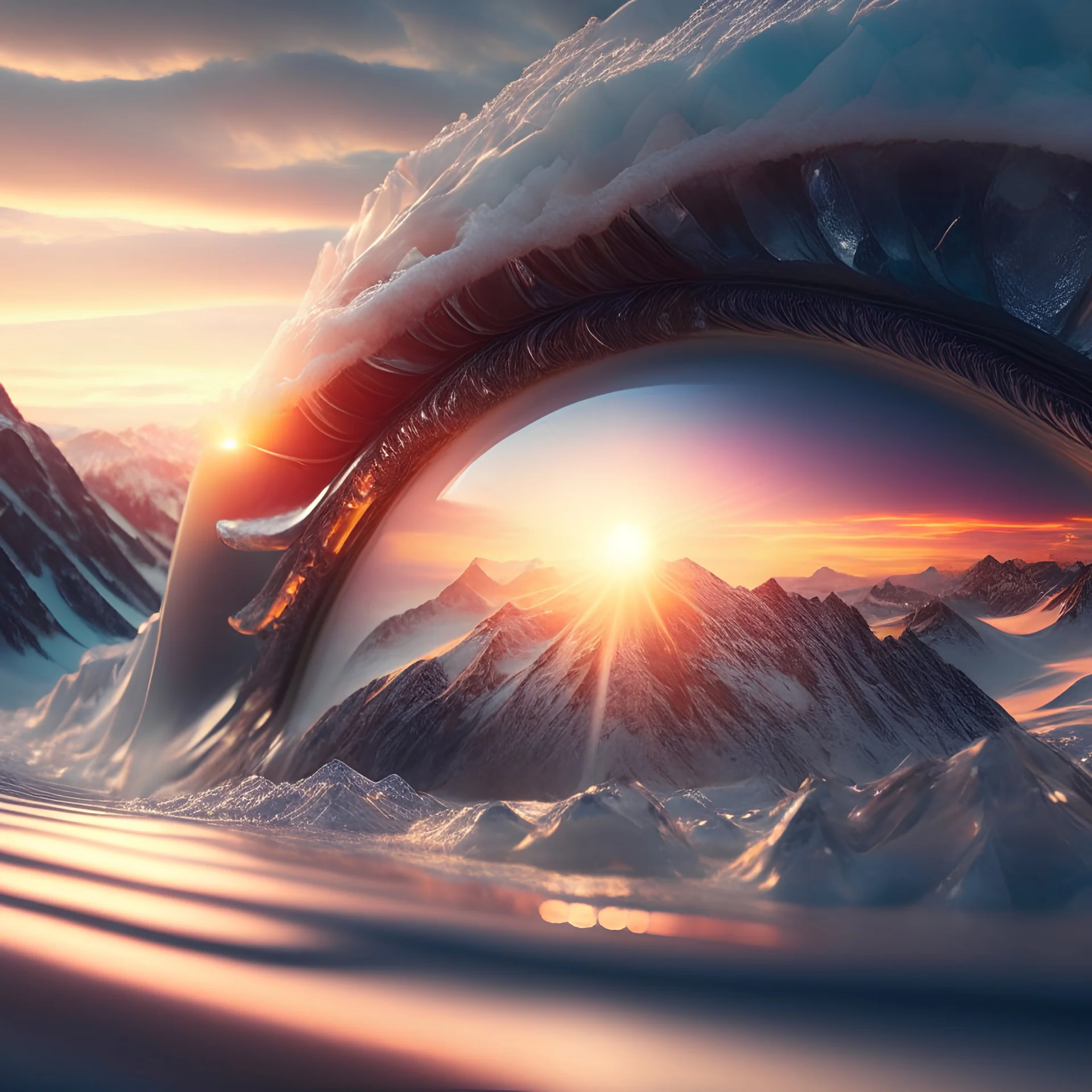 Photoreal extreme close-up of an eye reflecting frozen peaks at dawn