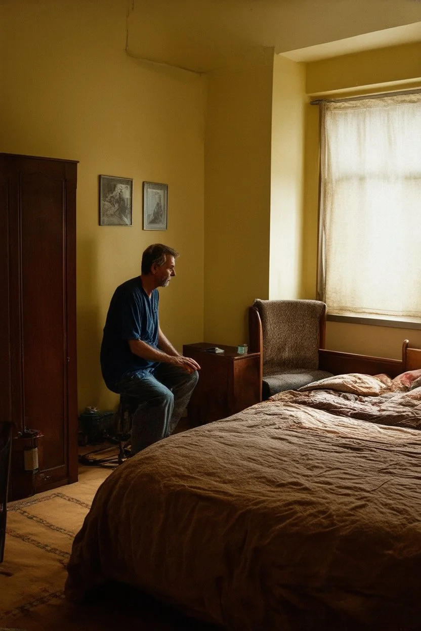 Old stuff in a room, a man, a bed, a chair