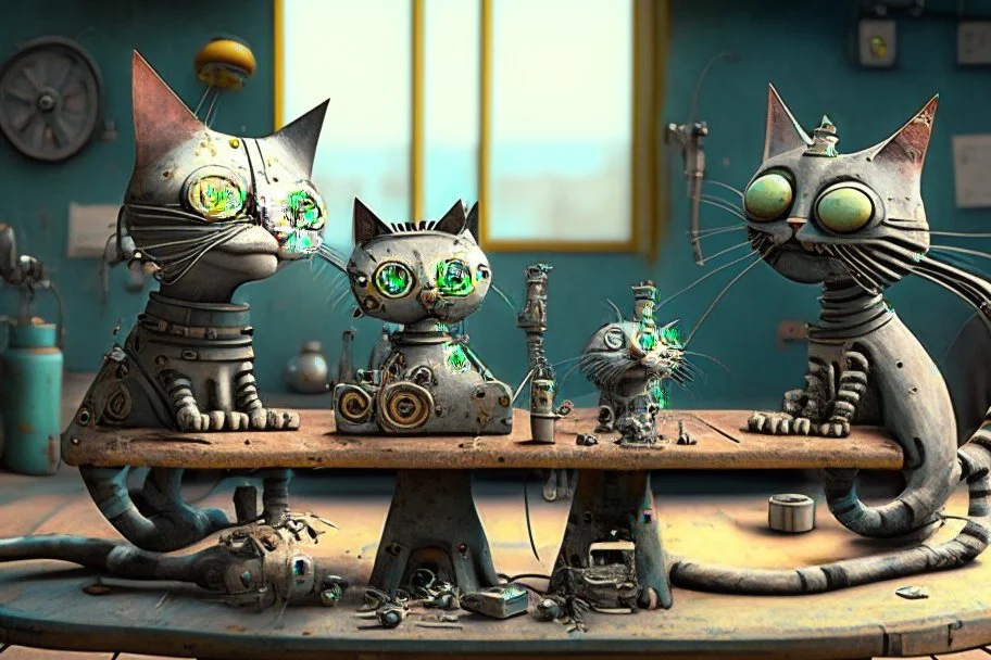 Happy cats sitting on a table :: industrial robotic cats, characters from machinarium pictoplasma, assemblage of naive art and les automatistes, by Alexander Jansson and Leo Lionni, a storybook illustration of a surrealist cat sculptures, cgsociety and behance contest winner