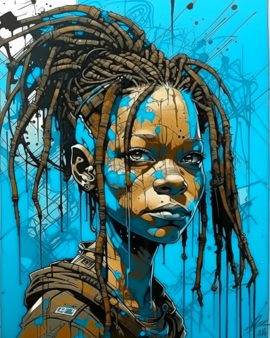 arafed minimal crude sketchy, abstract acrylic and ink painting: gritty post-apocalyptic portrait of a Black woman with dreadlocks and a mechanical headpiece. Her face features dirt and bright blue paint. She wears distressed brown clothing against an abstract background of vertical cyan and brown paint streaks