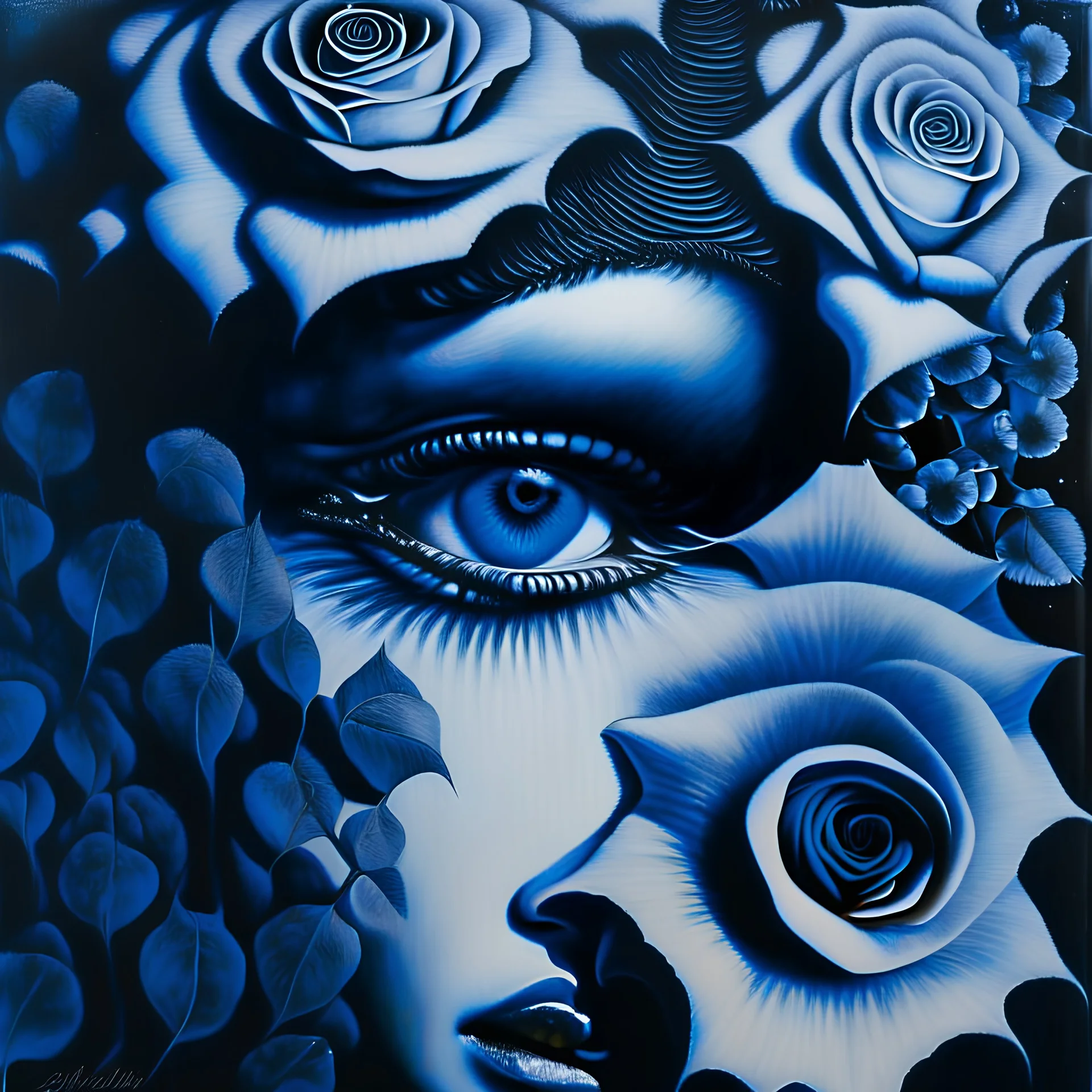 A detailed high quality surreal painting of a delicate, shimmering single blue animorphic rose that had a small pretty face in its petals, pouting, background is a blurred black and white hypnotic pattern, very mod, 1960s inspired art, psychedelic, highly detailed conceptual art, mixed media collage, dark fantastical atmosphere, fine lines, dali-esc, beautiful and natural, strange art, optical illusion