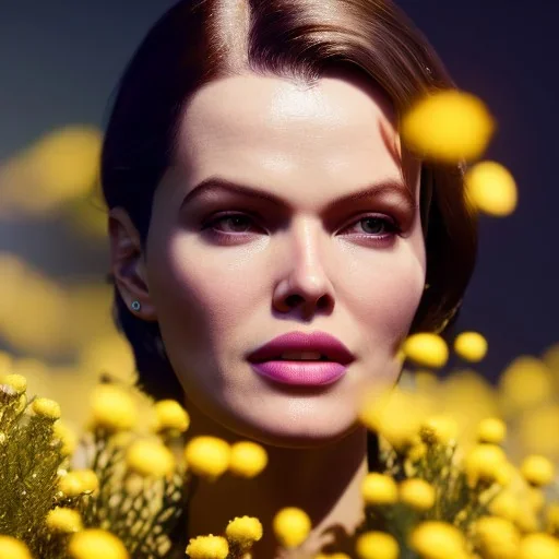 eva herzigova underwater with yellow flowers for hair, closed eyes, rtx, reflection, 8k, glow, winning photography, caustics